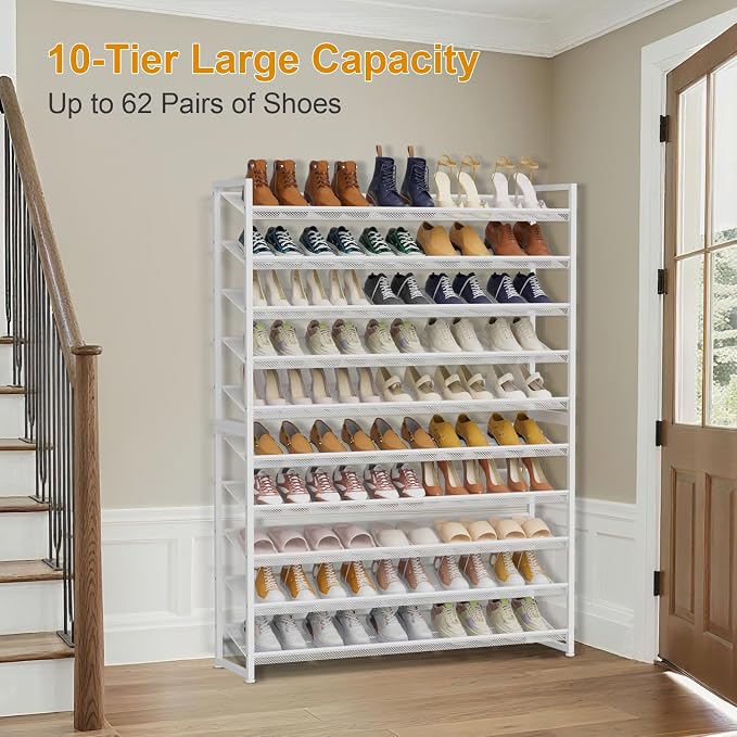 Large Shoe Rack 10 Tier Shoe Organizer, Heavy Duty Metal 5-Tier Stackable Shoe Storage Vertical Shoe Rack for Closet Front Door Entrance, Up to 62 Pairs, 44.8" W x 11.4" D x 71.2" H, White