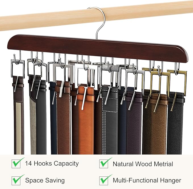 Belt Hanger for Closet Max 42 Belts, Sturdy Wood Belt Rack Closet Accessories with 14 Hooks Belt Organizer for Closet Organizers and Storage - Mahogany 1 Pack