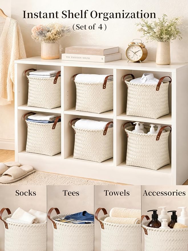 Hand Woven Baskets for Storage, 4Pcs Water-Resistant Wicker Baskets, White Wicker Storage Baskets for Shelves, Large Basket with Handle for Organizing, Closet, Laundry, Blanket - Round