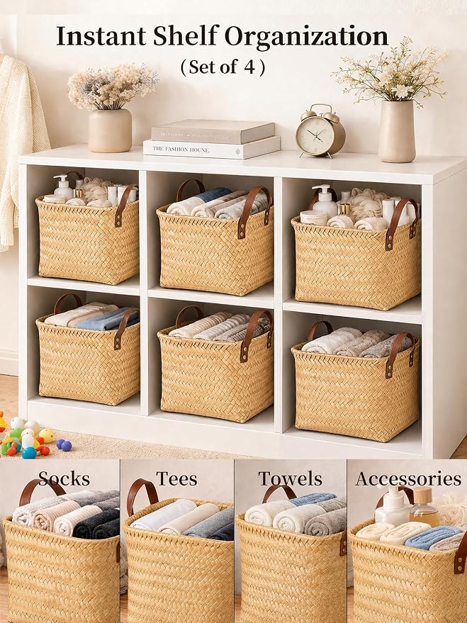 Hand Woven Baskets for Storage, 4Pcs Water-Resistant Wicker Baskets, Yellow Wicker Storage Baskets for Shelves, Large Basket with Handle for Organizing, Clothes, Laundry, Blanket - Square