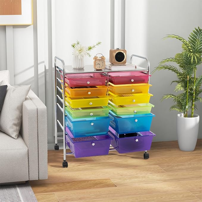 DREAMADE Rolling Cart with Storage Drawers, Utility Cart with Removable Plastic Drawers, Lockable Wheels, Art Cart for Classroom Organization Art Supplies Office Scrapbook (‎12 Drawers, Rainbow)