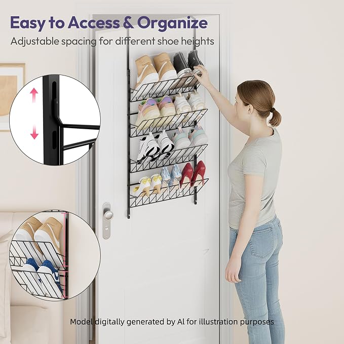 SWTYMIKI Over the Door Shoe Organizer - Adjustable 4 Tier Hanging Shoe Rack Organizer, Metal Heavy Duty Behind Door Storage or Wall Mount Shoes Shelf for Flats, Heels, Sneakers, Boots Black