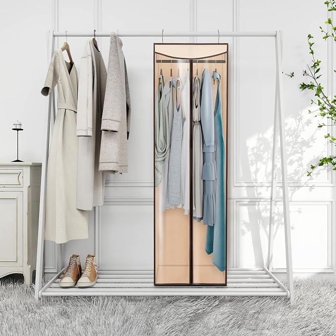 Garment Bags for Hanging Clothes Storage, Long Garment Cover with Zippered Clear Window for Closet Wardrobe Clothes Rack Organizer, Hanging Garment Bags for Dresses, Suits, 2 Pack, Beige