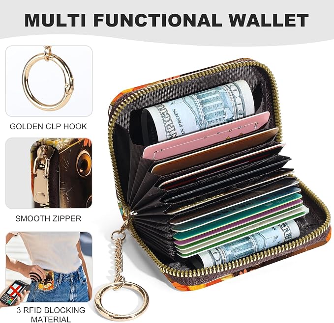 Credit Card Holder for Women,Small Rfid Wallet with Keychain Zipper,Cute PU Leather Card Case Wallet，Accordion Credit Card Wallets Gift,Flowers and Cats C