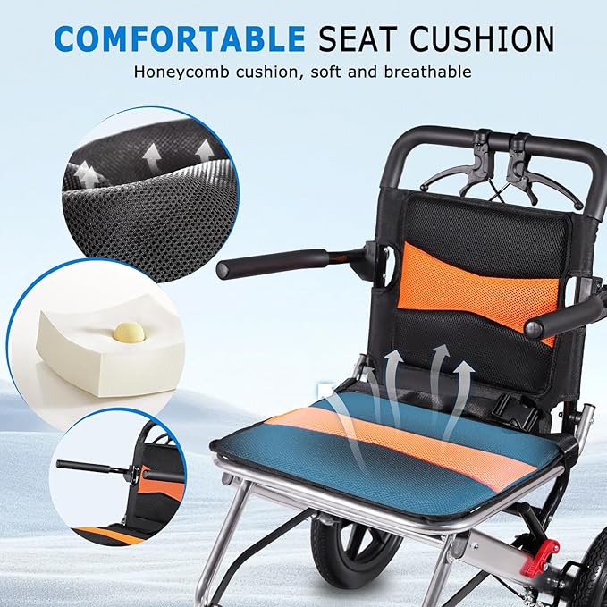 Ultra Lightweight Foldable Wheelchair, Only 19.8 lbs, Airline Approved, 300 lbs Capacity, One-Second Fold, All-Terrain Wheels, Compact Transport Chair for Adults Seniors (Black-Orange)