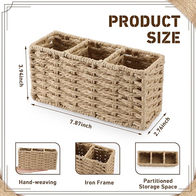 Pencil Holder 3 Compartments Rattan Pencil Cup Boho Desk Accessory Back to School Supplies for Office Makeup Brush Organization Shelves Pantry Coffee Station Organizer