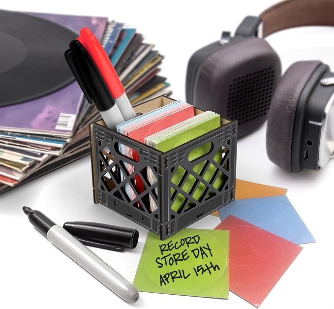 Genuine Fred for THE Record, Milk Crate Notecard Holder, Includes 64 Vinyl-Inspired Note Cards