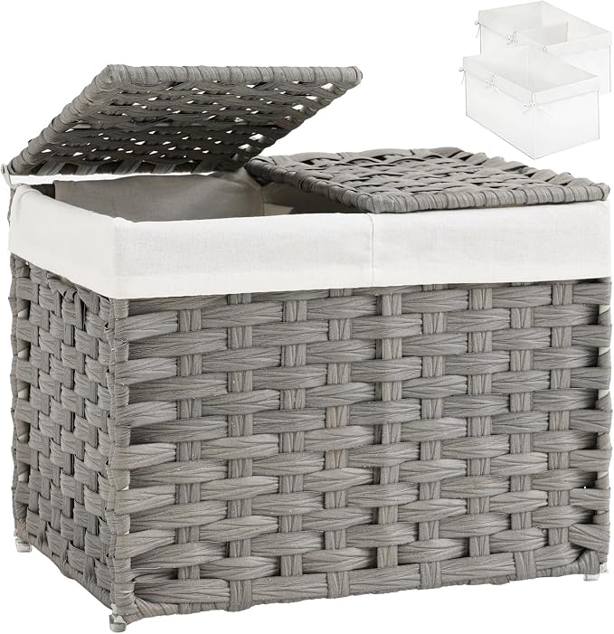 SETVSON Storage Basket with Lid Woven Wicker Baskets with 2 Separate Lid, 9.2 Gallon (35 L) Wicker Storage Bins with Handles, Foldable and 2 Removable Liner Bags for Bedroom, Laundry Room Gray