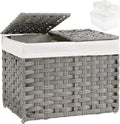 SETVSON Storage Basket with Lid Woven Wicker Baskets with 2 Separate Lid, 9.2 Gallon (35 L) Wicker Storage Bins with Handles, Foldable and 2 Removable Liner Bags for Bedroom, Laundry Room Gray
