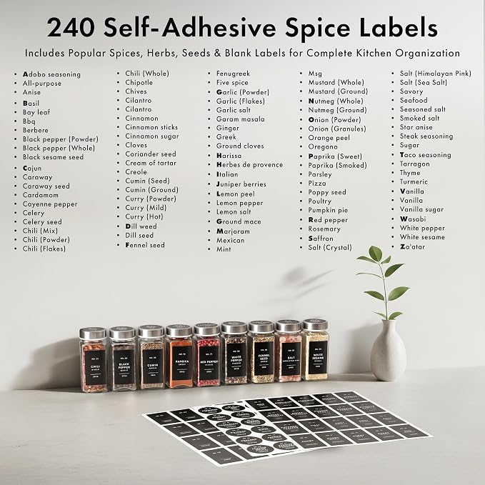 EDELHAUS Glass Spice Jars with Label, 24x Stainless Steel Lids | Airtight Lids keep spices fresh, Kitchen Spice Drawer Organizer, 4oz Seasoning Containers incl. Funnel, Brush & 240 Labels