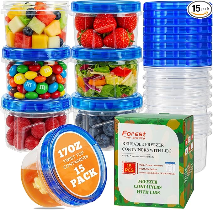 15 Pack 17oz Reusable Freezer Storage Containers with Twist Top Lids Airtight, Small Plastic Food Storage Containers for Meal Prep Leftover Lunch Fruit Salad, Soup Container Microwave Freezer Safe