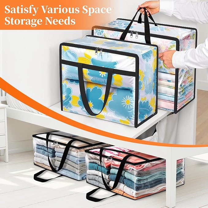 SpaceTrove Clear Clothes Storage Bags, 6 Pack Closet Organizers and Under Bed Storage Containers, Foldable Moving Bags with Zippers for Comforter, Blanket, Bedding, Duvet, PVC Packing Bags 90L