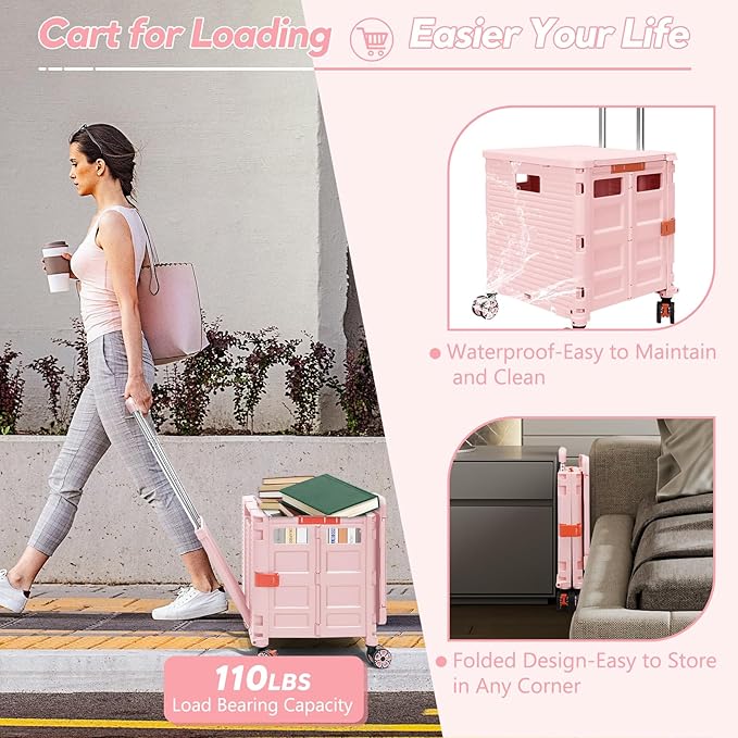 SELORSS Foldable Utility Cart Rolling Crate Handcart Shopping Cart with Rotate Wheels Extended Magnetic Lid Telescoping Handle Adjustable Angle for Transports Groceries Office Teacher File(Pink)