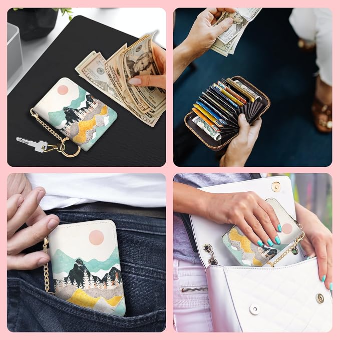Blusabaca RFID Credit Card Holder Small Women Travel Wallet, Sunrise | Sunset Mountain, Removable Keychain, Case Zipper, PU Leather, Cash Coin Pocket, Business Accordion Purse, Ladies Female Gift