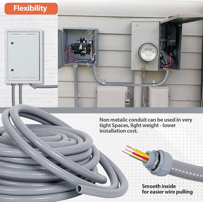 3/4 inch Flexible Liquid-Tight Conduit Kit 25ft, UL Listed | Non-Metallic Electrical Conduit w/5 Straight and 5 Angle Conduit Connector Fittings, Suitable for HVAC Pumps Outdoor Wiring