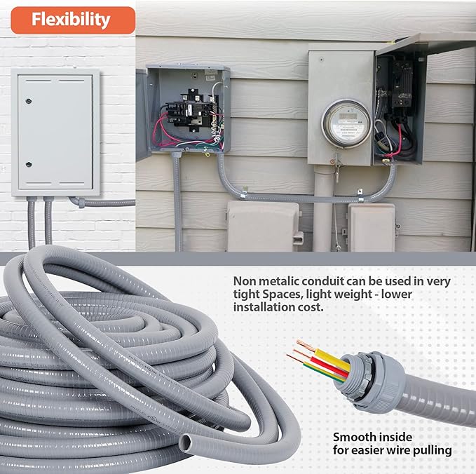 Liquid-Tight Conduit 3/4 100ft w/UL Certification | Flexible Electrical Conduit with 5 Straight and 5 90-Degree Conduit Connector Fittings