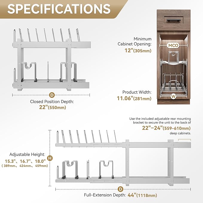 2-Tier Pots and Pans Organizer Under Cabinet Kitchen 12" W *22" D | Pull out Cabinet Organizer for Pots, Pans, and Lid Cookware, Adjustable Heavy Duty Wire Pan and Pot Rack, Full-Extension Rail
