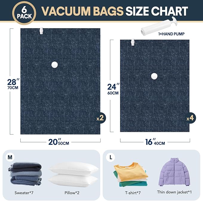 6 Pack Cloth Vacuum Storage Bags, Vacuum Seal Bags for Clothing with Hand Pump, 2 Large+4 Medium, 80% Space Saver Bags for Luggage, Comforters,Blankets, Home Travel Essentials(Demin)