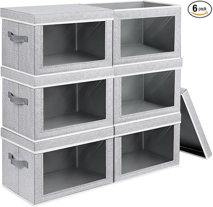 Homsorout Large Storage Baskets with Lids - Stackable Cube Bins for Closet, 6 Pack Windows Organizer Bins, Home Organizers and Storage for Clothes, CD, Towels, Light Grey