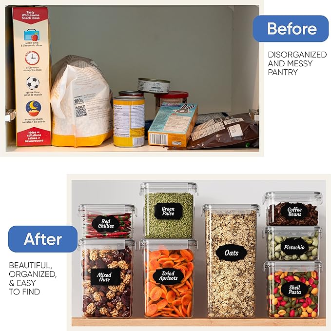 Airtight Food Storage Container Set - 24 Piece, Kitchen & Pantry Organization, BPA-Free, Plastic Canisters with Durable Lids Ideal for Cereal, Flour & Sugar - Labels, Marker & Spoon Set