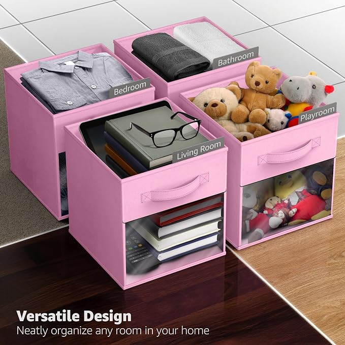 Sorbus 13 Inch Storage Bins with Clear Window - 6 Foldable Baskets for Organizing Clothes, Toys, Books - Sturdy Collapsible Fabric Storage Cubes with Handle - Storage Baskets for Shelves, Closets