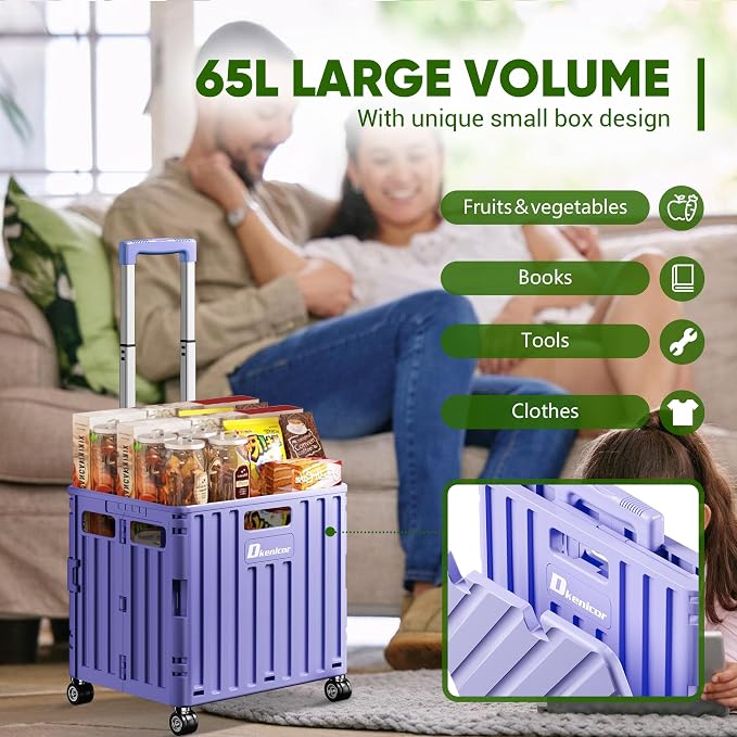 Folding Utility Cart, Portable Rolling Crate Handcart Collapsible Shopping Trolley with Lid, Foldable Tool Box Basket with 4 Rotate Wheels for Grocery, Office, Luggage, School - Purple