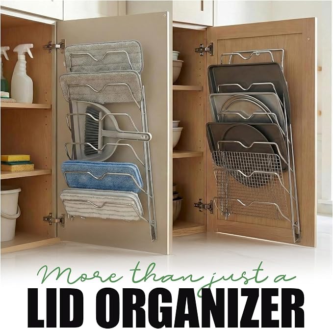Evelots 6-Tier Pot Lid Organizer for Cabinet Door or Pantry Wall, 6-Slot Pots and Pans Lid Holder Rack, Kitchen Cabinet Storage Organizer for Glass & Metal Pan Covers, Chrome Finish, 1 Pack