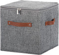 11inch Storage Boxes Cubes with Zipper Lid Collapsible Fabric Lidded Storage Bins Baskets PU Leather Handle Cotton Linen Decorative Shelf Closet Organizer Container (Gray, 1PCS)