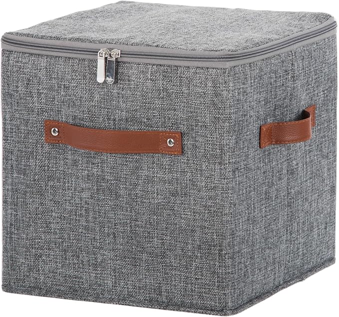 11inch Storage Boxes Cubes with Zipper Lid Collapsible Fabric Lidded Storage Bins Baskets PU Leather Handle Cotton Linen Decorative Shelf Closet Organizer Container (Gray, 1PCS)