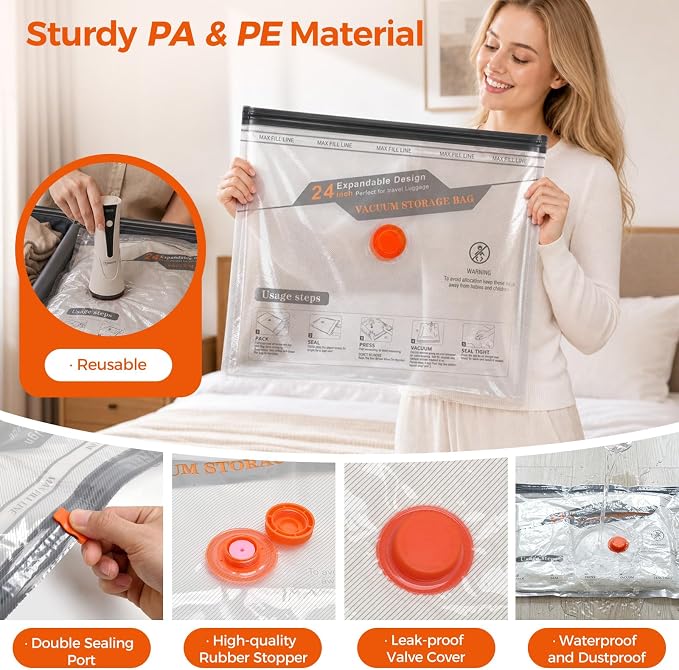 Vacuum Seal Bags for Clothing Travel with Electric Pump,8 Pack | Fits Carry-On, Luggage, and Suitcase | Reusable Airtight Seal Prevents Leaks | Save 85% Volume for Clothes & Bedding