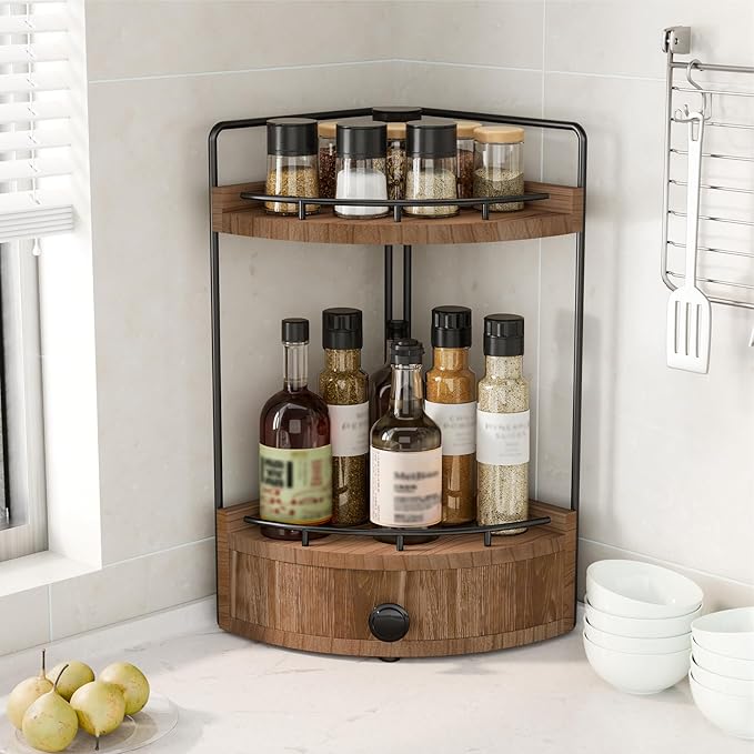 2-Tier Corner Bathroom Counter Organizer with Drawer, Dark Brown | Embedded Screw Holes, Wooden Countertop Organizers, Space-Saving, Bottom Ventilation Design, Counter Shelf for Vanity