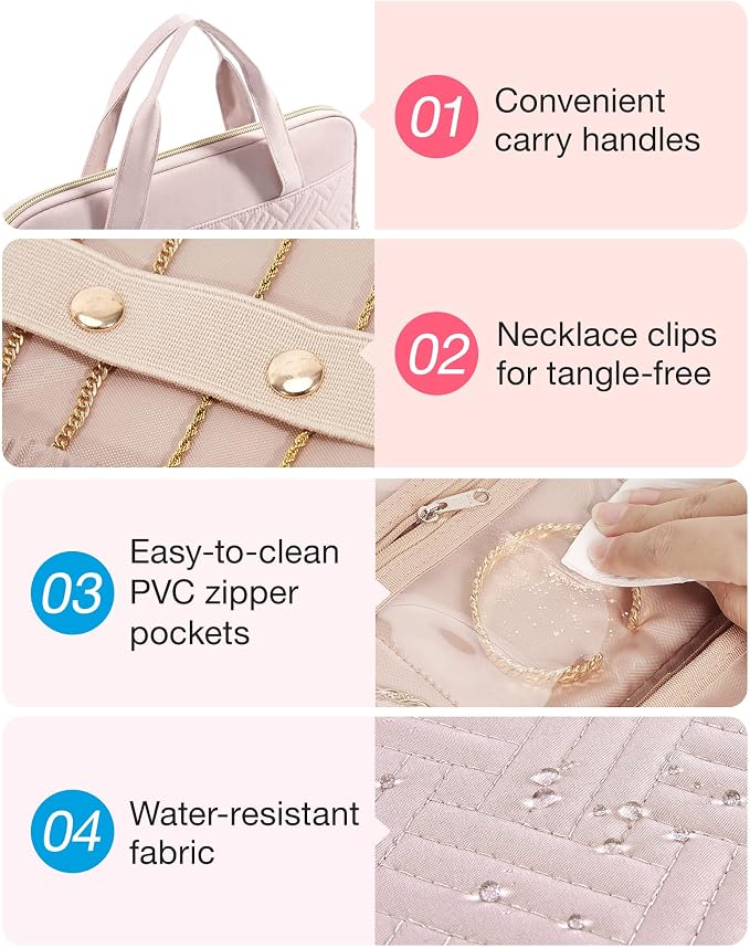 BAGSMART Travel Jewelry Organizer Case Portable Jewelry Roll Bag Tangle-free Necklace Storage, Foldable Transparent Zipper Pockets for Rings, Earrings, Bracelet, Travel Essentials, Black