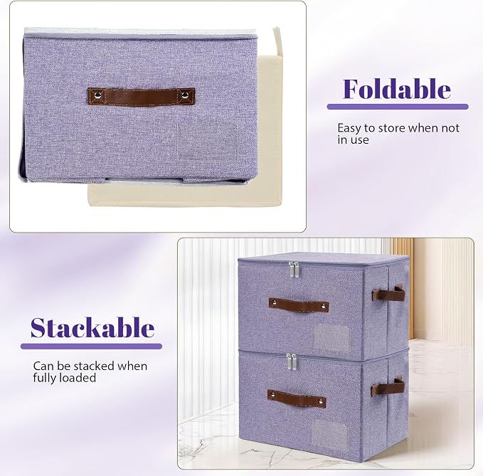 ANMINY Fabric Storage Box Bins with Zipper Lid, Washable Purple | Cotton Linen Fabric, PP Board Frame, Label Holder, Stackable & Foldable, PU Handles, Dual-Zipper 3-Side Open Lid, Medium