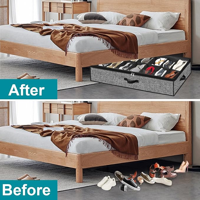 Under Bed Shoe Storage Organizer for Closet 2 Pack- Fits 28 Pairs Underbed Shoes Container Boxes with 2 Sturdy Handles and Clear Window Black