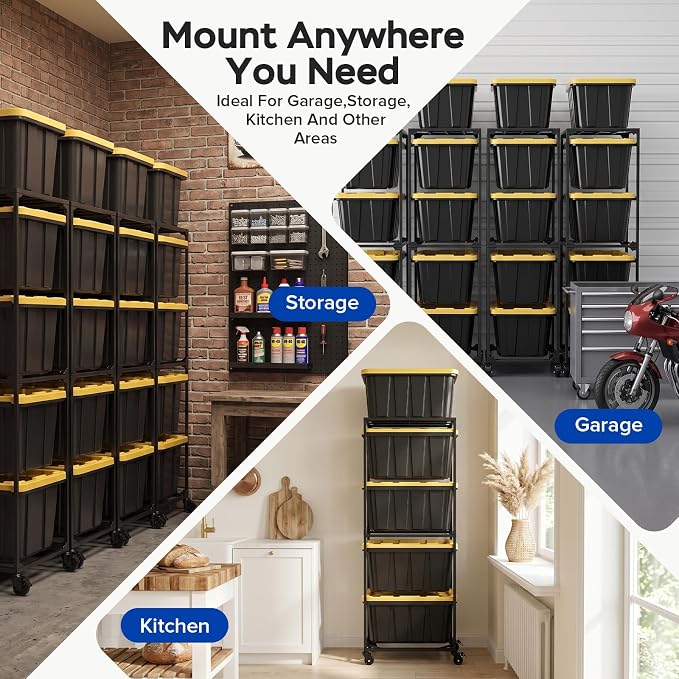 27 Gallon Tote Storage Rack with Wheels | 27 Gallon Tote Rack System, Max 300 Lbs Load Capacity, Easy to Move, Ideal for Garages & Warehouses (Bins Not Included)
