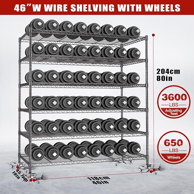 AIRAJ 6 Tier Wire Shelving 2 Pack | 46”W Storage Shelves with Wheels | 3600 LBS Metal Shelving Heavy Duty | Garage Shelving Units and Storage | Wire Rack Adjustable Layer Height | 46”W×18”D×80”H