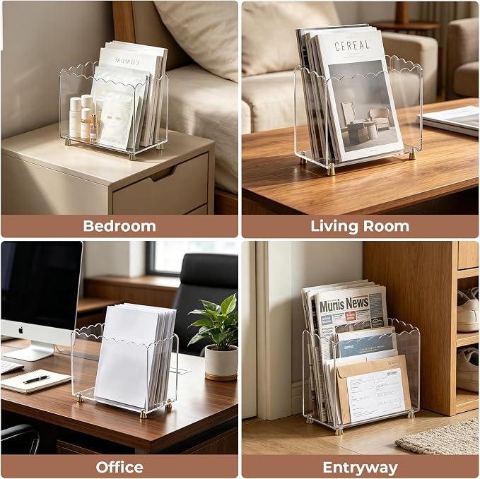 Acrylic Magazine Holder for Desk, Floor Magazine Display Rack Scalloped Clear Acrylic Decorative Organizer Box for Book Storage, Newspaper File Stand with 4 Brass Feets for Office Use