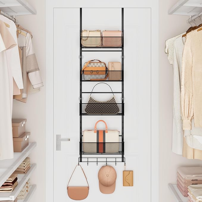 SWTYMIKI Over the Door Purse Organizer - Wall Mounted Purse Rack with 4 Adjustable Metal Basket and 6 Hooks, Hanging Bag Rack for Handbag Organizer, Bag Storage Can Use As 1/2 Part, for Door