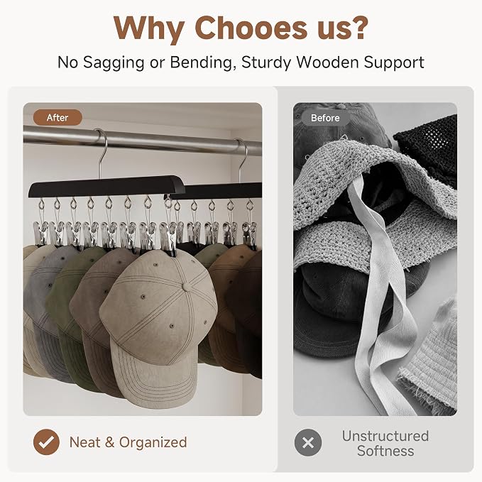 StorageWorks Hat Organizer 4 Pack, Black Cap Hanger Rack with 10 Clips