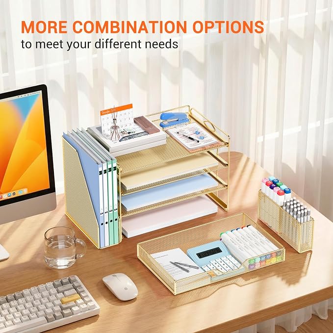OPNICE Desk Organizer, 4-Tier Desktop File Organizer with Drawer and Pen Holders, Office Desk Accessories, File Sorters, Workspace Organizers for Office Supplies(Gold - Metal Pen Holder)