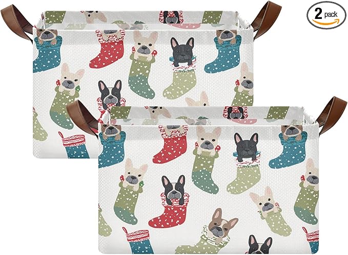Cute Christmas French Bulldogs Storage Basket Foldable Cube Storage Bins with Handles&Label Waterproof Organizer Box Bin Large Rectangle Decorative Baskets for Shelves Home Room Laundry-2 Pack