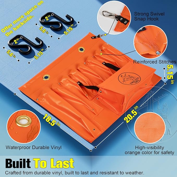 Lineman Tool Board, Aerial Apron, Bucket Truck Tools Organizer with Over 16 Pockets, Tool Organizer for Bucket Trucks and Lineman, Includes Two 2” Bucket Hooks