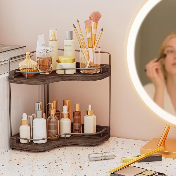 2-Tier Corner Bathroom Counter Organizer for Storage, Dark Brown | Solid Wood, Larger Size, Embedded Screw Holes, sink and Vanity Countertop Organizer for Perfume, Skincare & Makeup Storage