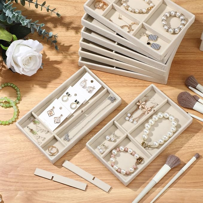 Highergo 8 Pcs Velvet Jewelry Trays Stackable Drawers Organizer Ring Earring Bracelet Necklace Storage Trays, 8.3x4.7x1''(6 Uneven Grids)