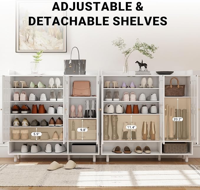 Shoe Cabinet with 3 Doors and Adjustable Shelves, Large Shoe Storage Cabinet for 24–30 Pairs, Modern Farmhouse Shoe Organizer with Open Bottom Shelf for Entryway, Living Room, White