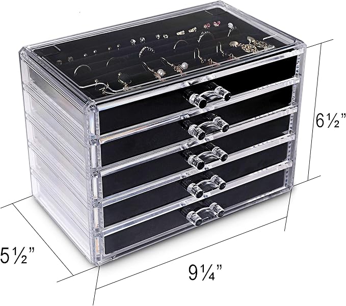 Frebeauty Extra Large Acrylic Jewelry Box for Women 5 Layers Clear Jewelry Organizer Velvet Earring Box with 5 Drawers Rings Display Case Necklaces Holder Tray for Women Girls (Black) | Jewelry Storage for Rings Earrings Bracelets,Dustproof,Velvet Lini...