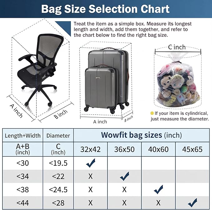 Wowfit 5 CT 45x65 inches Extra Large Clear Plastic Bags Perfect for Car Seat, Luggage, Suitcase, Stroller, Chair, Kids Bike and Attic Storage (3 Mil Flat Bags)