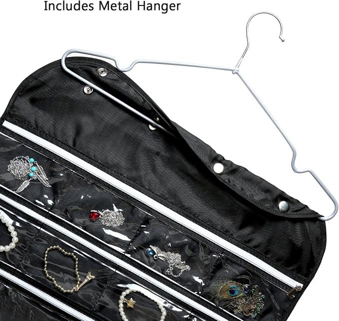BB Brotrade Hanging Jewelry Organizer,Accessories Organizer,56 Zipper Pocket Organizer for Holding Jewelries (Black-Zipper)