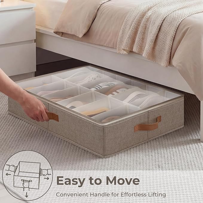 StorageWorks 2-Pack 24-Pair Under bed Shoe Storage Organizer, Taupe | Adjustable Dividers, Holds up to 12 Pairs Each, 5.25" Height, Fits 6-inch+ Clearance, Clear Top, For Closet, Bedroom