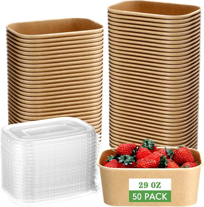 Maxdot 50 Pack 29 oz Disposable Food Containers with Lids Paper Food Containers Bowls for Meal Prep, Salad, Ice Cream, Yogurt, Soup Bowls Party Leftover Box